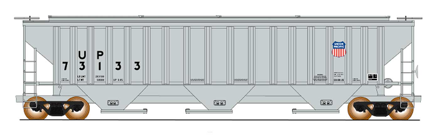 HO 4750 Cubic Foot Rib-Sided 3-Bay Hopper - Union Pacific - 3rd Panel Shield
